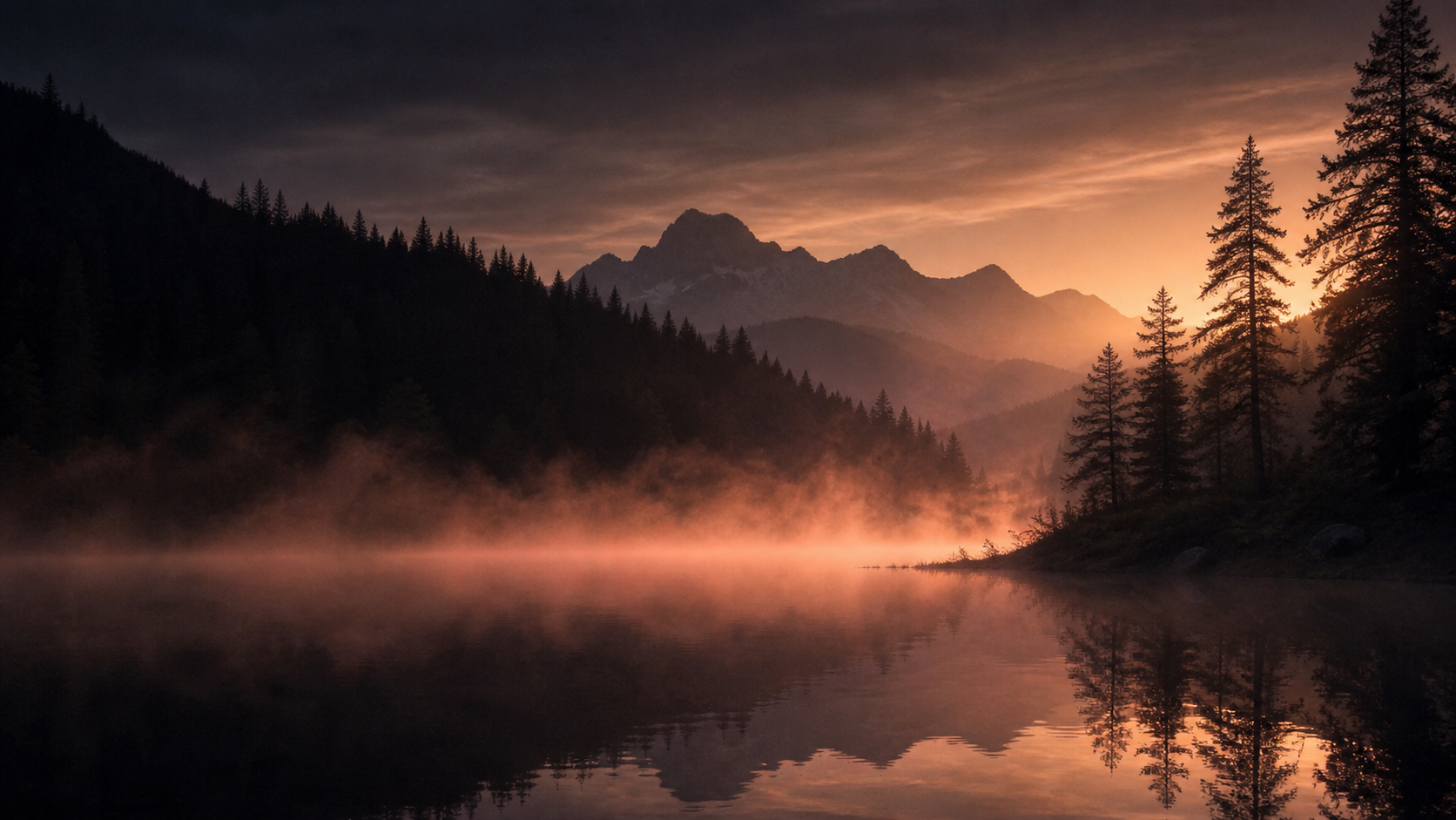Ein nebliger Bergsee in der Dämmerung, erstes warmes rosé-goldenes Licht über dem Wasser